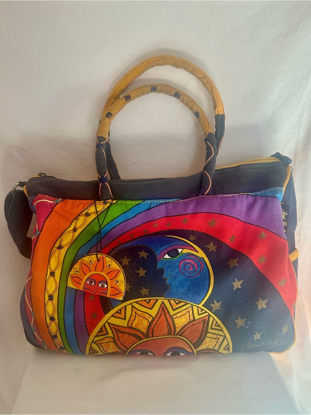 Vintage Laurel Burch Celestial Canvas Tote Bag Sun Moon Rainbow Crossbody Boho